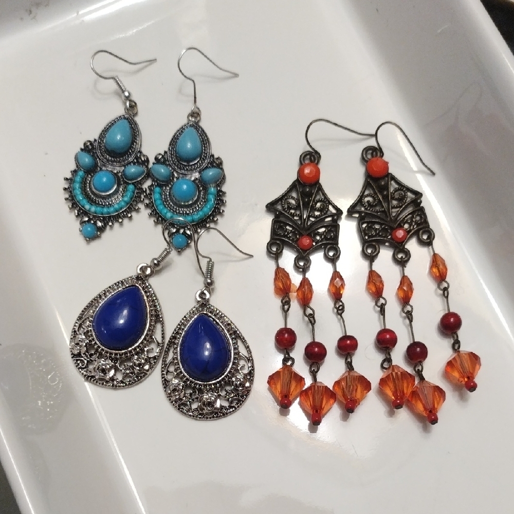 Turquoise/Silver And Blue/Silver Teardrop. Orange/Red Chandelier Style